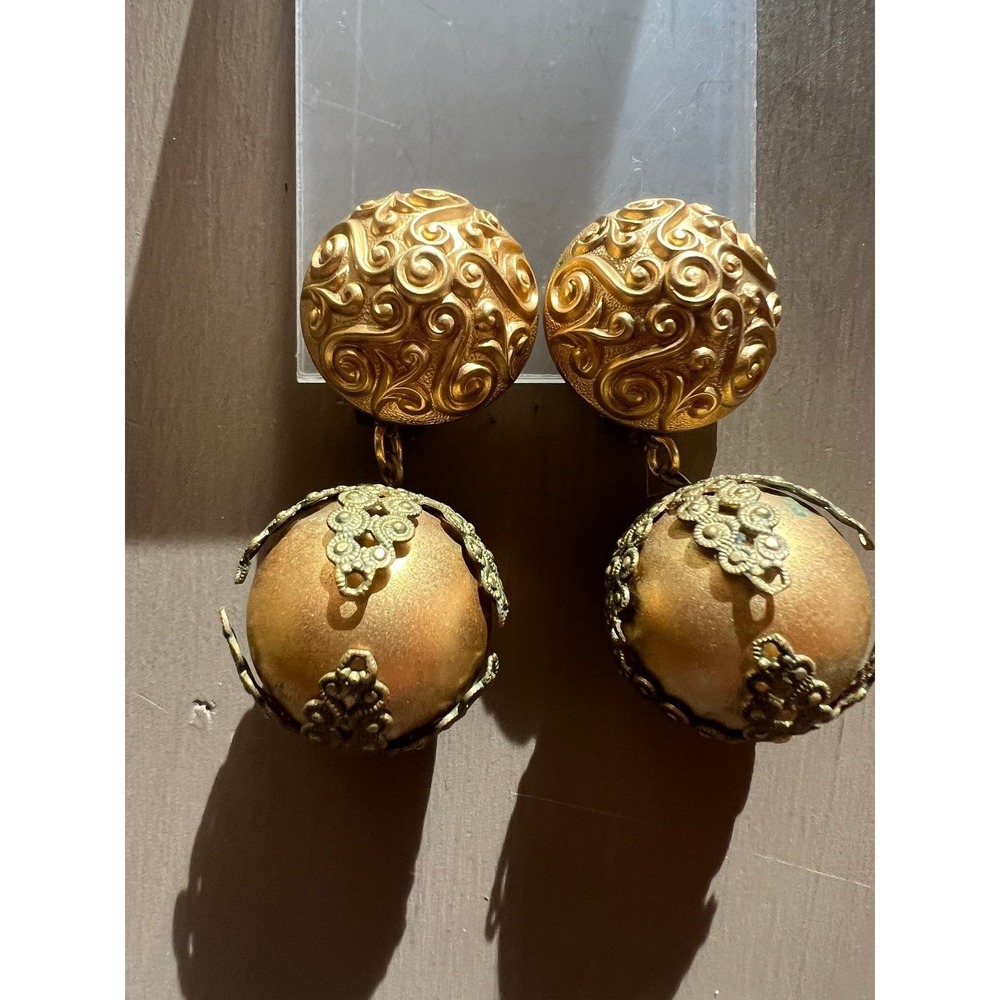 Vintage Filigree Orb Clip On Earrings Ornate Gold Scroll Drop Old World Elegance